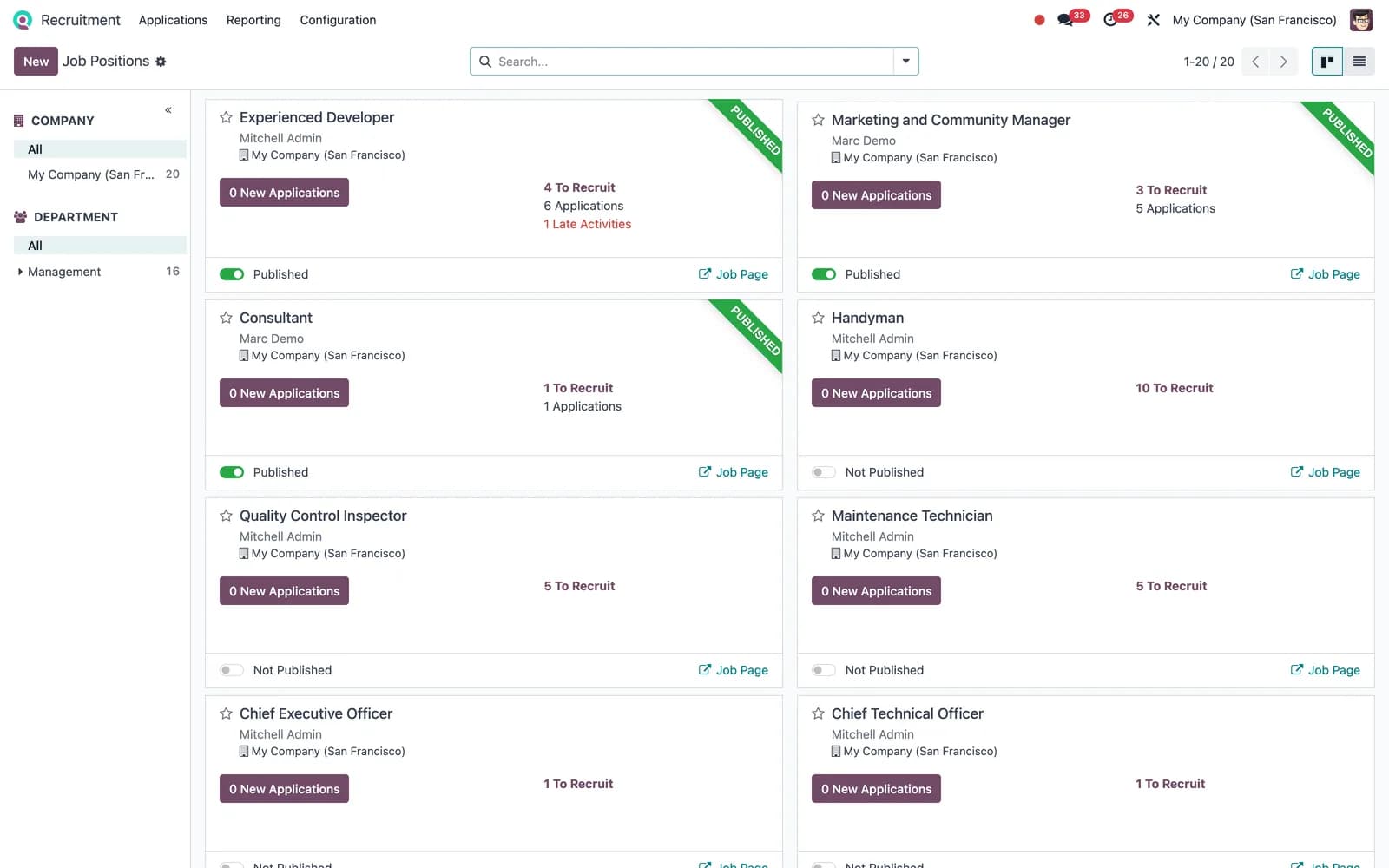 Odoo Recruitment: Job positions